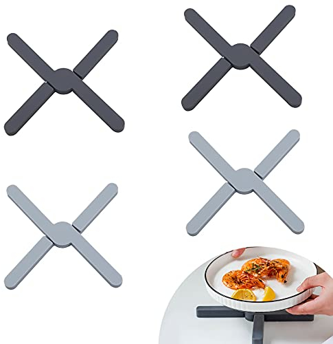 EXLECO 4 Stücke Silikon Topfuntersetzer Hitzebeständig, Topf Untersetzer Aufklappbar, Topflappen Hitzeschutz, Heißer Topf Halter, Untersetzer für Töpfe, Heiße Pfannen, Schalen (Schwarz + Grau)