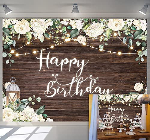WDA Floral En Bois Joyeux Anniversaire Toile De Fond Marron En Bois Fleur Mur Photographie Fond Fête D'anniversaire Décoration Bannière Studio Photo Booth Props (2,1 x 1,5 m)