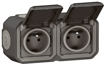 LEGRAND - Prise Etanche Double IP55 avec Terre Plexo - Prise 2P+T 16A Complète avec Volet - Pour Pose en Apparent - Montage Horizontal - Anthracite