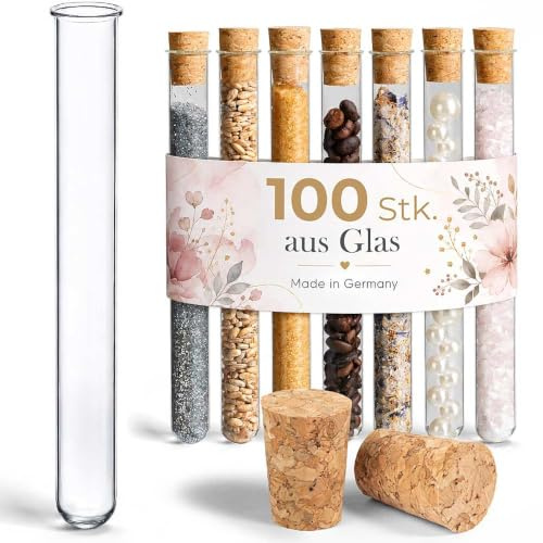 Tuuters 100x Glas Reagenzgläser mit Korken und Bördelrand (180 x Ø 18mm) | Reagenzglas mit Rand, Klarglas Reagenzgläschen, Made in Germany, Glasröhrchen für Blumen Deko Gewürze Gastgeschenke Hochzeit