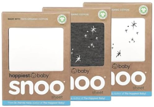 Happiest Baby Sábana Bajera Ajustable para moisés, Ropa de Cama de bebé 100% algodón orgánico, se Adapta al colchón de Cuna SNOO, Paquete de 3 Unidades (Blanco, carbón, Estrellas Marfil)