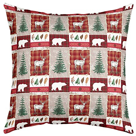 Weihnachten Throw Kissen Abdeckung 45x45cm Set Of 1 - Hirsche Kissenbezug, Bär-Motiv, Lattice Patchwork Dekor, Tannenbaum Bauernhaus Sanft Dekorativ Quadratisch, Rot Grün