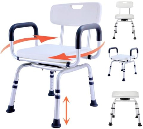 360°Swivel Shower Chair for Inside Shower, Shower Seats for Seniors with Arms and Back, Height Adjustable Tub Transfer Bench for Bathtubs,Pivoting Shower Stool (White-Gray, Small)