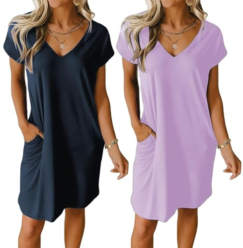 Ekouaer 2 Pack Nightgown for Women V Neck Plain/Printed Sleep Shirt Soft Night Shirt Short Sleeve Sleepwear with Pockets