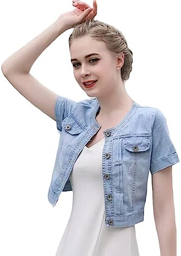 Giubbino Jeans Donna, Giacca di Jeans A Maniche Corte da Donna Cardigan Abbottonato Estivo Crop Scialle Cappotto di Jeans Elasticizzato Lavaggio Vintage Faded Jean Shrug Jacket Top per Abito,Azzurro
