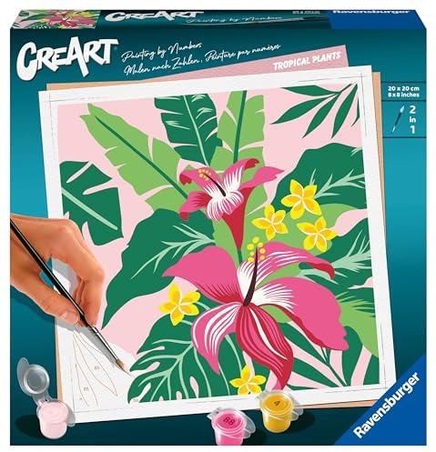 Ravensburger CreArt Tropische Pflanzen - Malen nach Zahlen für Erwachsene | DIY Malset mit Pinsel und Acrylfarben, 20 x 20 cm, Geschenk für Frauen und Männer