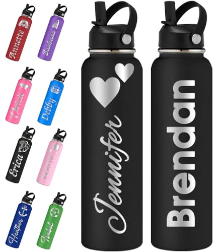 Personalisierbare Wasserflaschen mit Strohhalm-Deckel, 700 ml/950 ml/1150 ml, individuell graviertes Namenslogo, Edelstahlflasche, individuelle isolierte Thermoskanne für Schule, Sport, Fitnessstudio,