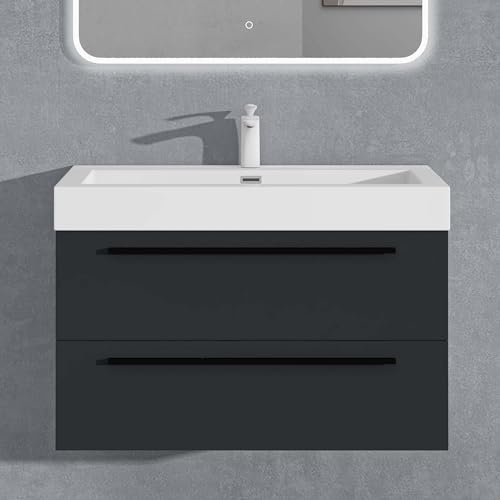 doporro Badmöbel-Set Waschbeckenunterschrank in Matt Anthrazit 90x48x60cm | Wandhängendes Badmöbel-Set mit Mineralguss-Waschbecken, Soft-Close-Schubladen – pflegeleicht für moderne Bäder Quadratto