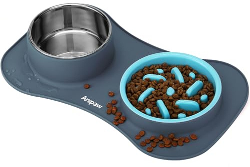 Slow Feeder Dog Bowls 3 in 1 Stainless Steel Food Water Bowl to Slow Eating | Durable, Non-spill & Non-skid with Silicone Mat Design, Slow Down Eating, Suitable for Small Medium Large Dogs and Cats