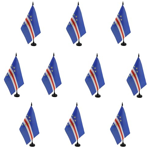 AZ FLAG - Set of 10 Cape Verde Table Flag 5'' x 8'' - 10 Small Cape Verdean Office Flags 100% Polyester 21 x 14 cm - Mini Desk Flag with 10'' Pole and Black Plastic Base