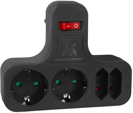 Maclean Presa quadrupla con interruttore on/off, piedino stabilizzatore 2x2,5A, 2x16A Splitter per quattro prese (Tipo schuko, MCE224 G)