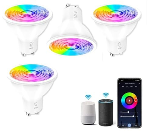 Wiby Lampadina Smart GU10 Wi-Fi 4,5W 326lm RGB + CCT 2700–6500K Dimmerabile, App Smart Life/Tuya, Compatibile con Alexa e Google Home, Lampadina Intelligente per Faretti, 4 unità