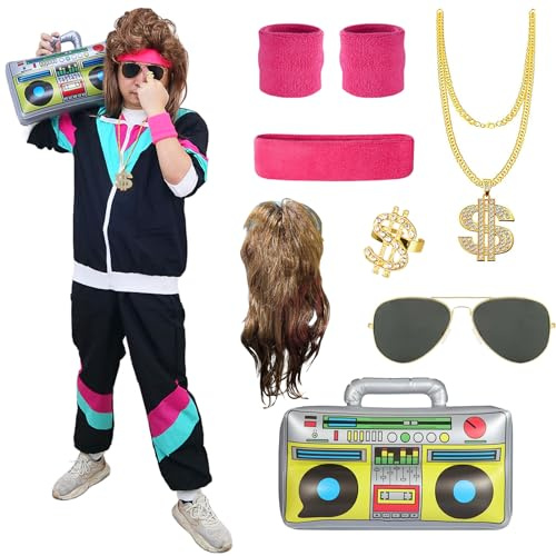 BITOYO 90er 80er Jahre Kostüm Erwachsene, 80er Jahre Outfit Herren Damen 80er Jahre Trainingsanzug Kostüm Jacke Hose Anzug mit Vokuhila Perücke Stirnband Armbänder Brille Radio Para Fasching Karneval
