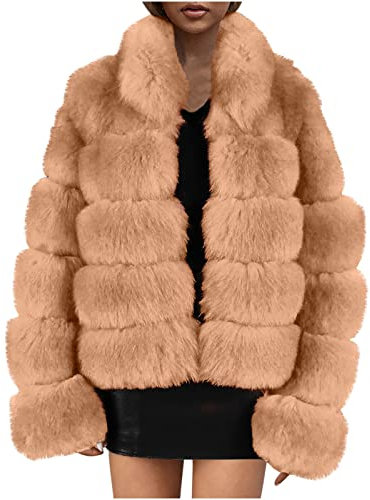 Komiseup Fleecejacke Damen, Winterjacke Damen Kurze Winter Pelzmantel Elegant Kunstpelz Jacke Offener Front Wintermantel Dick Plüschjacke mit Kapuze Faux Pelz Coat Warme Kunstfell Oberbekleidung 21