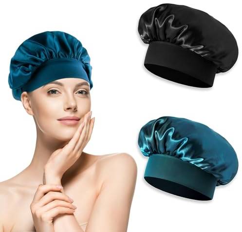 eModwey Luxuriöse Seidenhaube zum Haare Schlafen Bonnet Wraps – 2er Set, Weiche und Bequeme Satin-Schlafmütze in Schwarz und Pfauenblau, Seidenhaarwickel für Frauen Satin Kappe