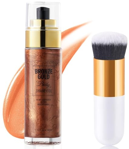Body highlighter olja, body luminizer mögelolja, flytande glitter body glitter olja med sminkborstar, naturlig fukt kropp glow skimmer makeup för ansikte kropp ben (brons guld)