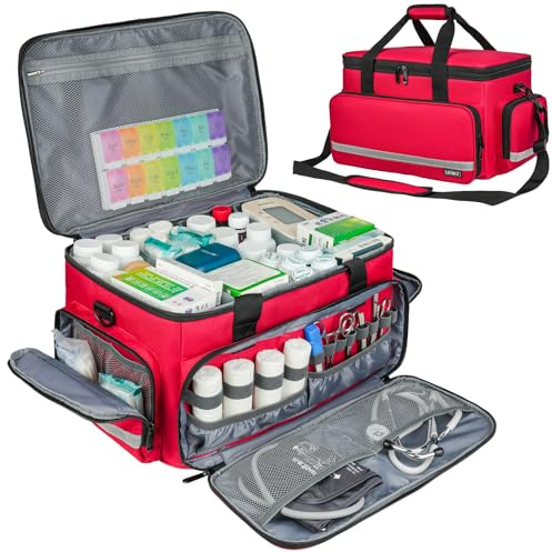 LEFOR·Z Borsa Medica,Borsa Infermiere Domiciliare,Grande Kit Medico con Divisori Staccabili Tracolla per Assistenza Sanitaria Domestica,Viaggi o Eventi di Emergenza,Rosso