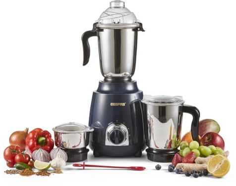 GEEPAS 600W 3-in-1 Mixer Grinder | Stainless Steel Jars, Blades | 3 Speed Control, Perfect for Chutney, Dry & Wet Fine Grinding Mixing Overload Protection Shockproof Body | 2 Yr Warranty, Dark Blue