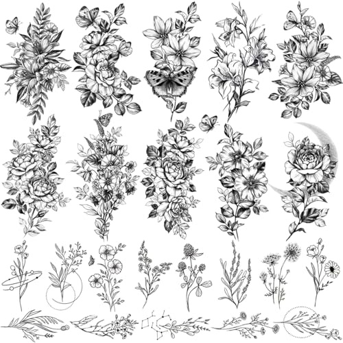 CHARLENT 23 Bögen Schwarze Blumen Temporäre Tattoos Damen, realistisch | Wasserfeste Blumen Tattoos mit Rose, Orchidee und Zweig Design, feminine Body Art für Arm, Hals, Hände und Körper