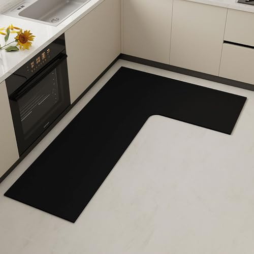 Hixingo Küche Teppich rutschfest, Links L Form Abwaschbar Kieselgur Küchenläufer, Schnelltrocknend Küchenteppich Absorbierend Teppich Läufer Küchenmatte (Einfarbig-Schwarz,100x120cm)
