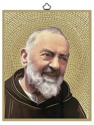 Fratelli Bonella | Quadro Sacro raffigurante San Pio su legno MDF di pioppo 8mm con Mosaico in lamina dorata formato 18x24 cm | Made in Italy
