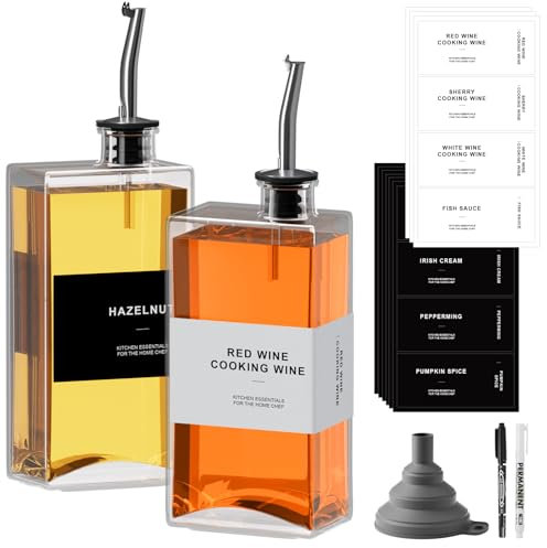 RSWDE Ölflasche Eckig Set,Essig und Ölflaschen Set,2er Olivenöl Flasche 500ml/16,9 oz, Ölspender mit Ausgießer,Kaffee Sirup Spender Glas Set mit Aufkleber