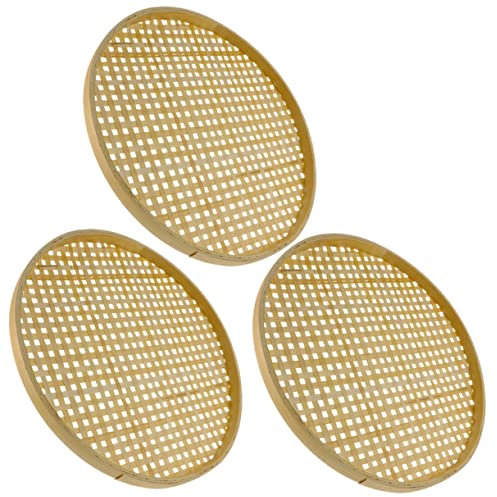 Warmhm Lot de 3 Passoires en Bambou Tressé 18 Cm, Tamis Naturel Multifonction, Panier de Rangement Cuisine, Bureau et Décoration, Accessoire Léger et Compact en Bambou Écologique