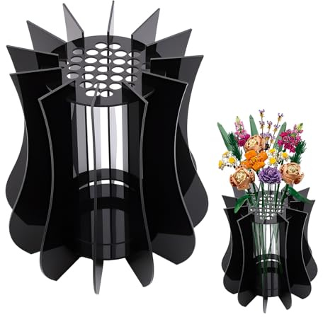 Vase for Lego Flowers, Clear Display Vase for Lego Flower Bouquet Transparent Vases Display Stand Puzzle Vases for Botanical Roses Chrysanthemum Sunflower Lotus Cherry Blossom (Black-A)