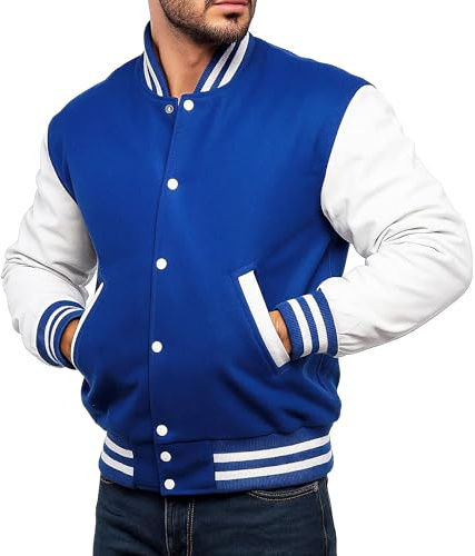 e Genius Blousons Letterman en cuir pour homme - Veste de baseball universitaire Bomber en laine pour école secondaire, bleu/blanc, M