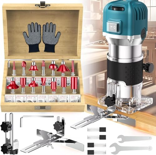 Palm Router Tool, 800W 30000Rpm Electric Woodworking Hand Router with Trimmer Base & 15Pcs 1/4(6.35mm) Router Bits Set, 220V Wood Trimmer (Blue, 6 Speed)
