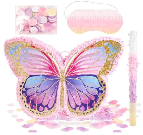 OBBOLO Small Butterfly Pinata Set, Hanging Decoration with Stick & Blindfold for Birthdays and Other Theme Party Celebrations