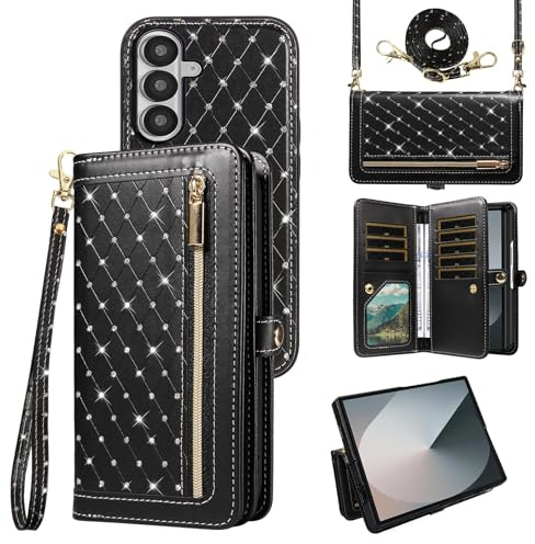 Phone Case for Samsung Galaxy Z Fold 7 Zipper Wallet Detachable Magnetic Cell Cover with Crossbody Lanyard Strap Bling Glitter Flip Credit Card Holder ZFold Z7 G Fold7 7Z Women Men Girls Black
