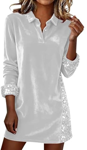Lggwunsi Abiti Eleganti Donna - Abito da Donna A Maniche Lunghe, con Paillette, Patchwork in Velluto, Elegante, Tinta Unita, con Risvolto, per Feste di Capodanno,Bianco,S