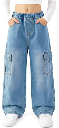 Keyck Vaqueros Cargo Niña Baggy Denim Jeans Streetwear Pantalones 7-15 Años | Cintura Elasticos, Pierna Ancha, Stretch, con Múltiples Bolsillos, Casual Moda Streetwear Azul Largo Pants para Infantil
