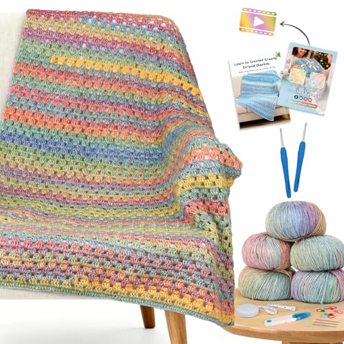 Reessy Crochet Kit, Complete Crochet Kits for Beginners Adults with Soft & Colorful Gradient Yarn Detailed Video Tutorials Crocheting Accessories, Super Easy Beginners Crochet Blanket Kit-Rainbow
