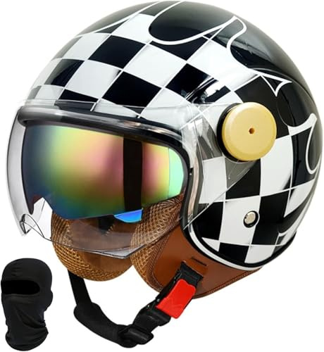 3/4 skoterhjälm, retro motorcykelhjälm, jethjälm med dubbla glasögon, bekvämt foder, med ECE/DOT-godkännande, motorcykelhjälm, halvskalshjälm för vuxna män och kvinnor, T,M=57–58 cm