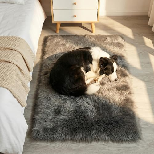 Mishukaze Tappeto in finta pelle di pecora, ultra morbido e soffice, lavabile in lavatrice, antiscivolo, per camera da letto, soggiorno e camera dei bambini, colore grigio scuro, 90 x 150 cm
