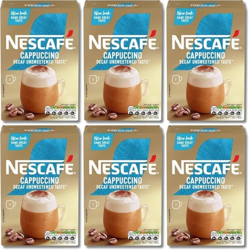 NESCAFÉ Cappuccino Decaffeinated Unsweetened Coffee Sachets 7 per Pack (Pack of 12, Total 84 Sachets)