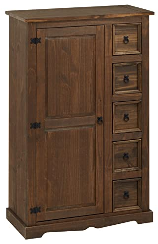IDIMEX Kommode Tequila 5 Schubladen braun gewachst Highboard Kiefernholz massiv 2 verstellbare Einlegeböden Esszimmermöbel Zierbeschläge schwarz. Schubladenschrank Wohnzimmer Küche Holzaufbewahrung.