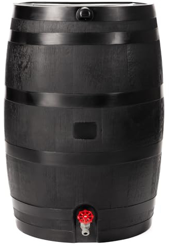 RTS Home Accents 50-Gallon ECO Rain Barrel Made with 100% Recycled Plastic, Flat Back Rain Water Collection Barrel, Black