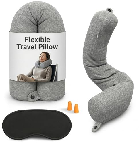 Memory Foam Neck Pillow Travel Airplane - Comfortable & Adjustable Twist Airplane Pillow for Long Flight with Soft Washable Velvet Cover, Eye Mask & Earplugs | 360° Neck Support, Chin, Lumbar