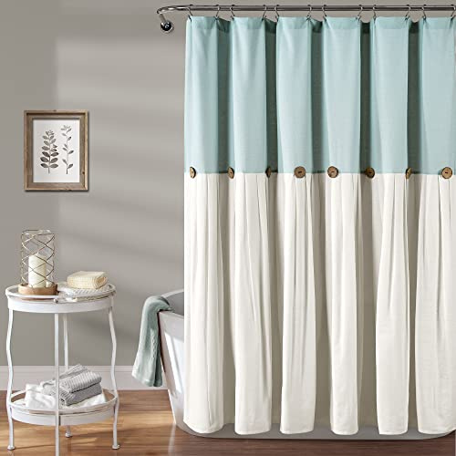 Lush Decor Linen Button Shower Curtain, 72 x 72, Blue & Off-White