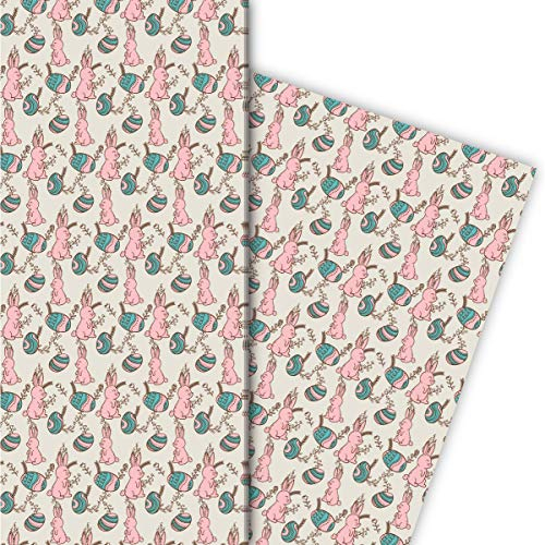Schönes Oster Geschenkpapier mit handgezeichneten Osterhasen für schöne Geschenk Verpackung 32 x 48cm, 4 Bögen zum Einpacken für Geburtstage, Geburt, Ostern, beige