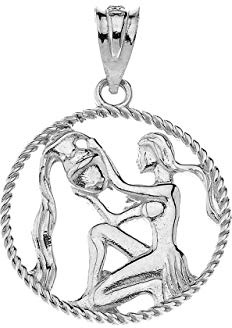 Astrology Jewelry Solid 925 Sterling Silver Round Aquarius Zodiac Sign Twisted Rope Style Charm Pendant