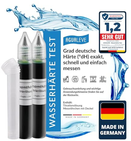 AGUALEVE Wasserhärte Test - Die Nr. 1 - Deutsche Grad Härte (°dH) schnell und einfach messen - misst exakt bis 24 °dH - Made in Germany - 50 – 400 Messungen, je nach Härte - 2x 15ml