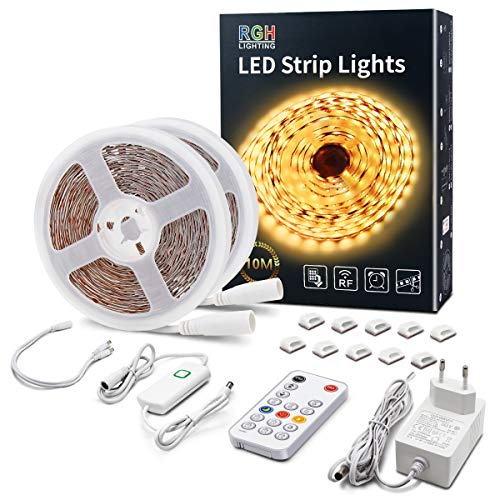 LED Leiste Warmweiß 10M Dimmbar LED Streifen mit RF Fernbedienung 3000K Ultrahelle Plug-in Unterbauleuchten mit Timing Modus LED Lichtband Komplette Kits für Schlafzimmer Küche Zimmer Dekor