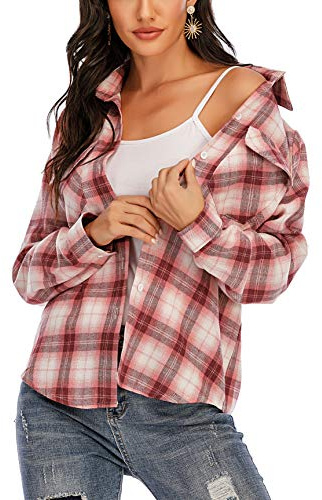 Enjoyoself Chemisier Carreaux Femme Chemise Bucheron Western 100% Coton Décontractée Classique Retro Ecossaise Coton Flanelle Blouse Gilet T Shirt Casual Vintage,L,Rouge Blanc