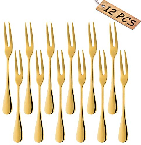 Comicfs 12-Piece Stainless Steel Forks, 5.3 Inches, Seafood Crab Forks Escargot Fork 2 Prong Tasting Appetizer Fork Dessert Cocktail Salad Fruit Fork for Party Travel (Gold)