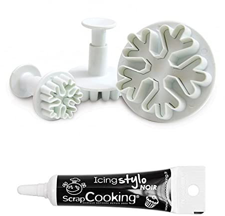 SCRAP COOKING - 3 Découpoirs / Éjecteurs Pâte à Sucre Flocons + Stylo Glaçage Noir