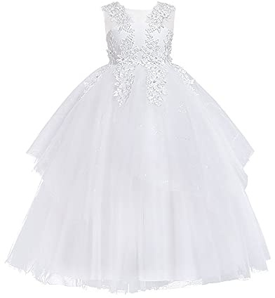 Vestidos de niña de flores sin mangas encaje floral princesa tul tutú junior dama de honor boda primera comunión concurso fiesta de cumpleaños maxi vestido de graduación, blanco, 3-4 Años